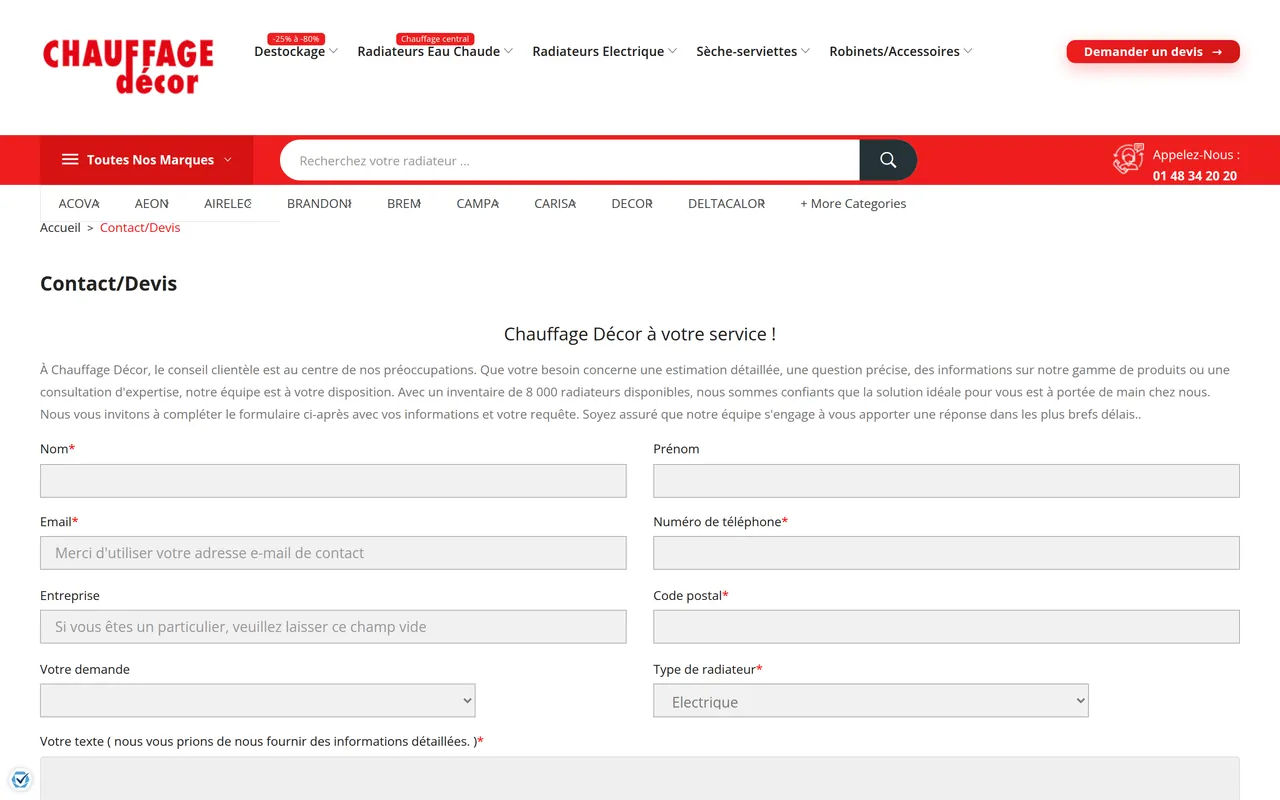 Page « Demande de devis » du site de Chauffage Décor, sur ordinateur.