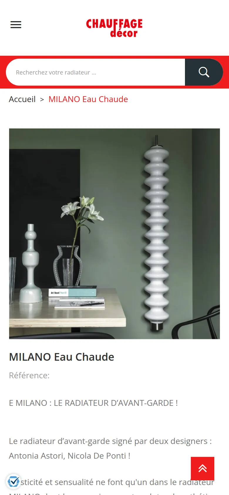 Page « Fiche produit » du site de Chauffage Décor, sur téléphone.
