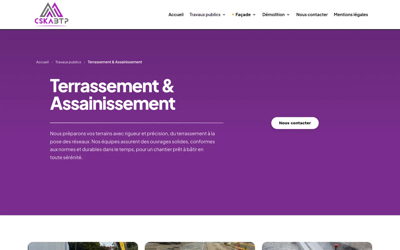 Page « Terrassement et assainissement » du site de CSKA BTP, sur ordinateur.