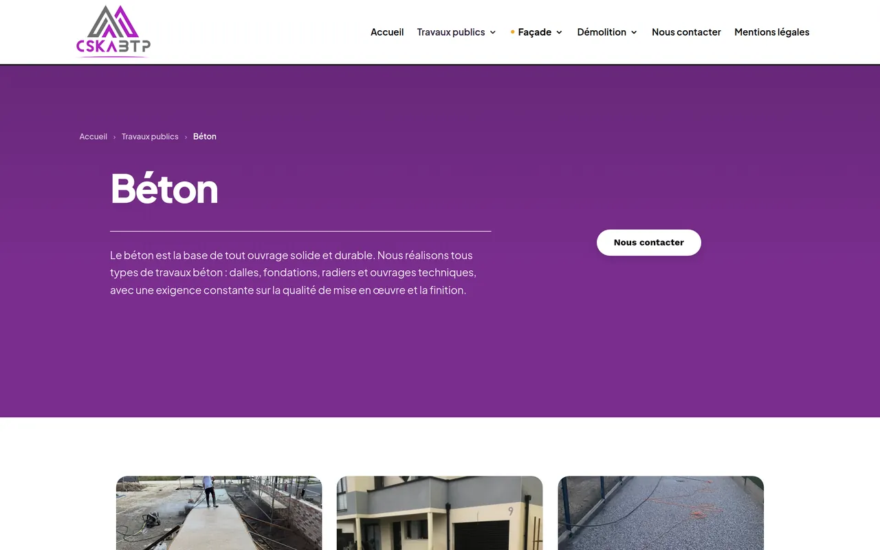 Page « Béton » du site de CSKA BTP, sur ordinateur.