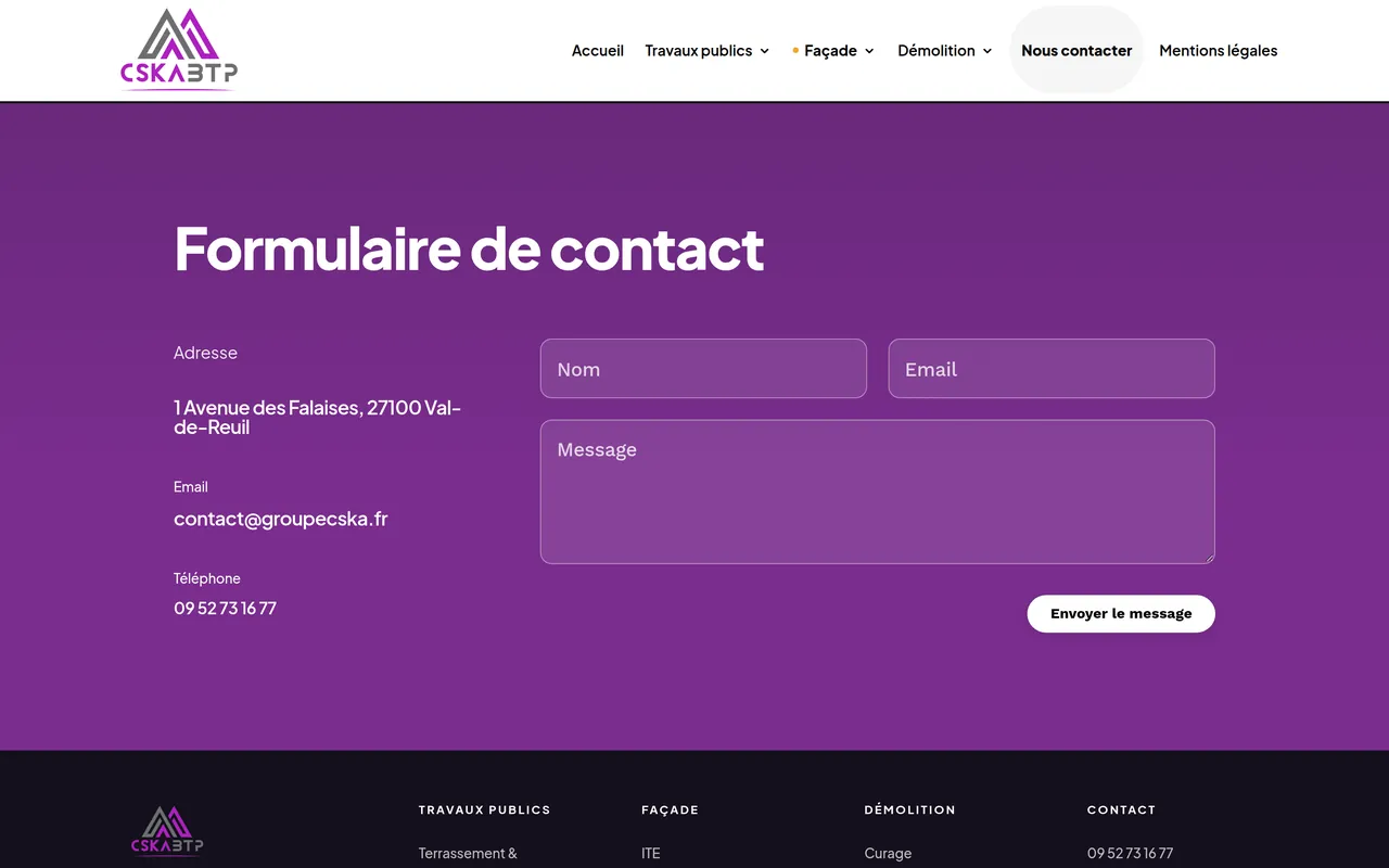 Page « Nous contacter » du site de CSKA BTP, sur ordinateur.