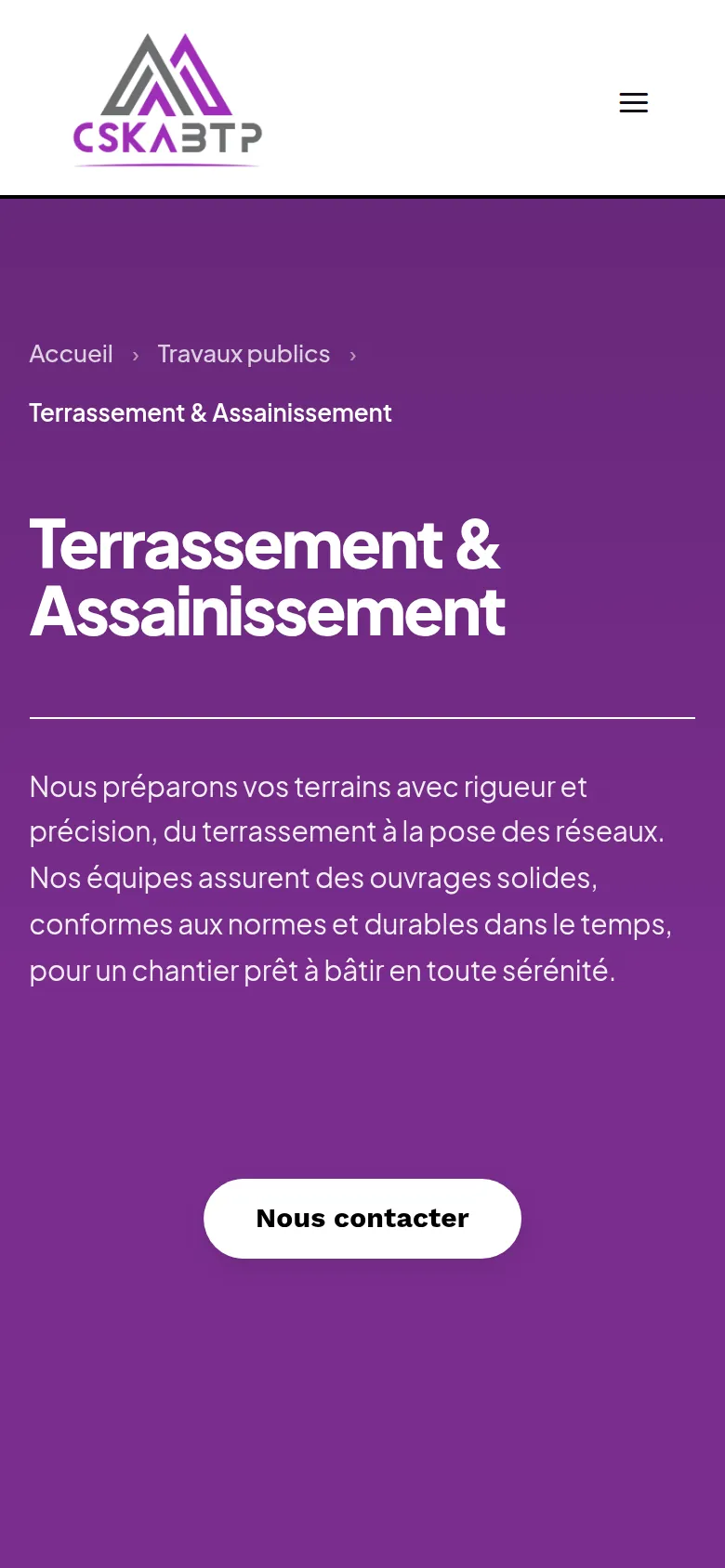 Page « Terrassement et assainissement » du site de CSKA BTP, sur téléphone.