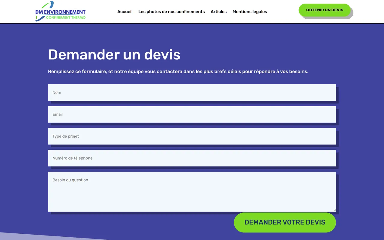 Page « Obtenir un devis » du site de DM Environnement, sur ordinateur.