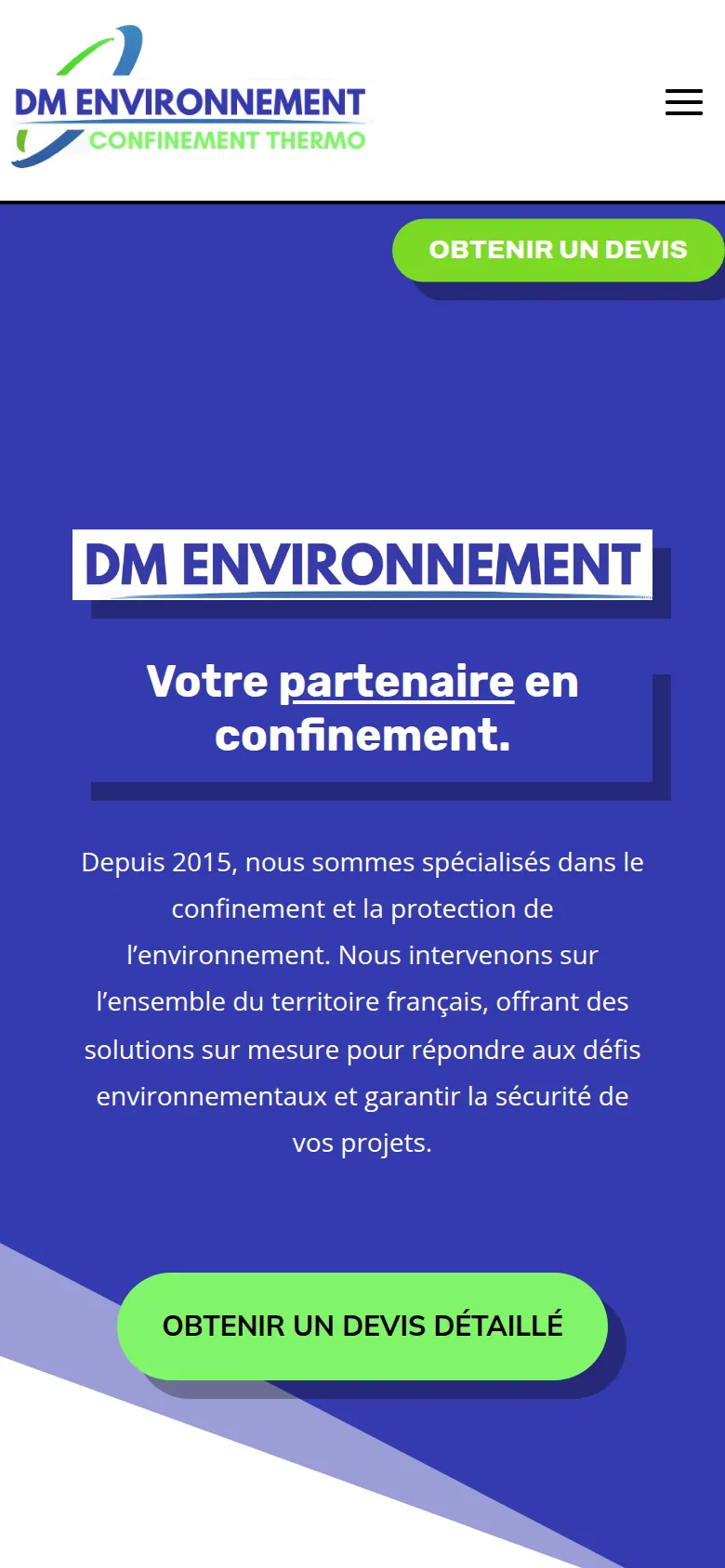 Page d’accueil du site de DM Environnement, sur téléphone.