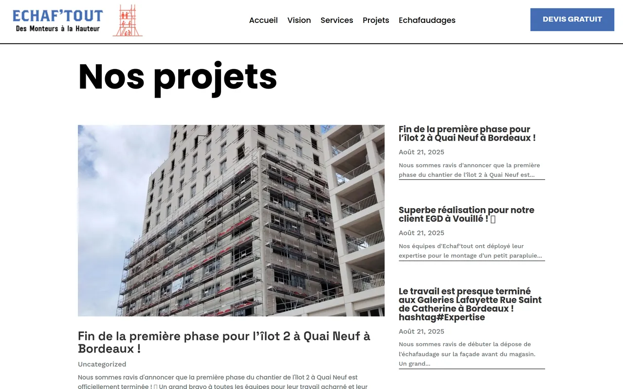 Page « Projets » du site d’Echaf’tout, sur ordinateur.