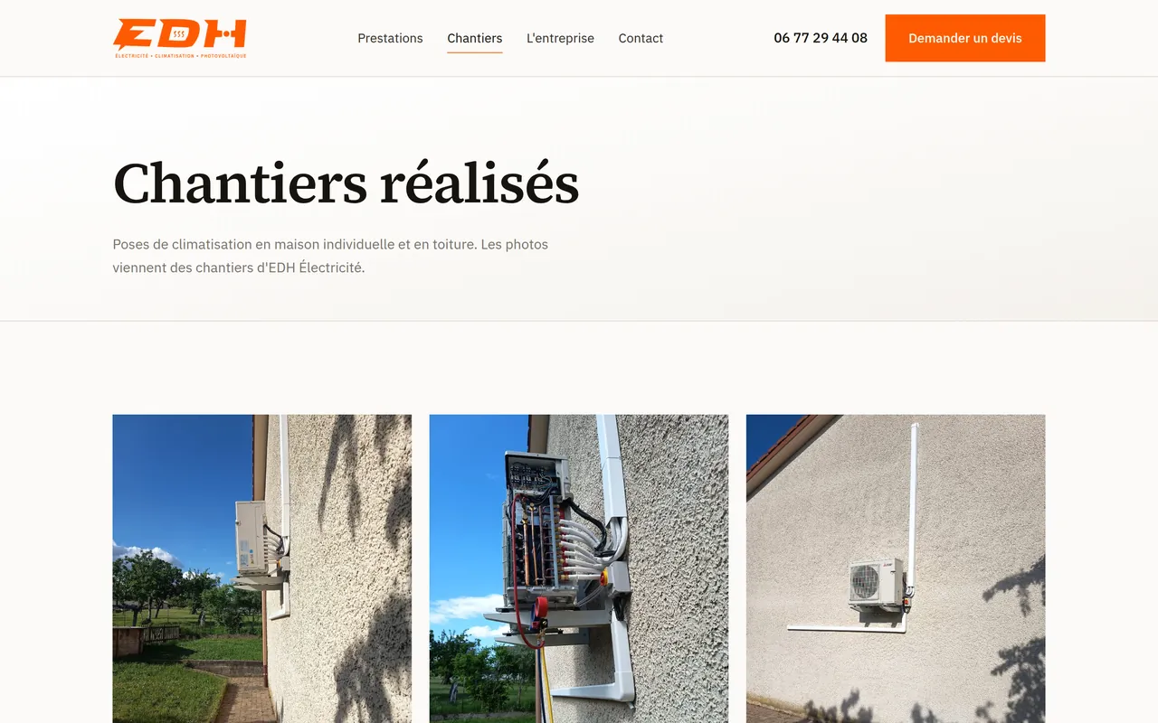 Page « Chantiers » du site d’EDH Électricité, sur ordinateur.