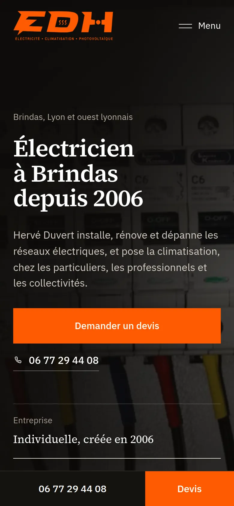 Page d’accueil du site d’EDH Électricité, sur téléphone.