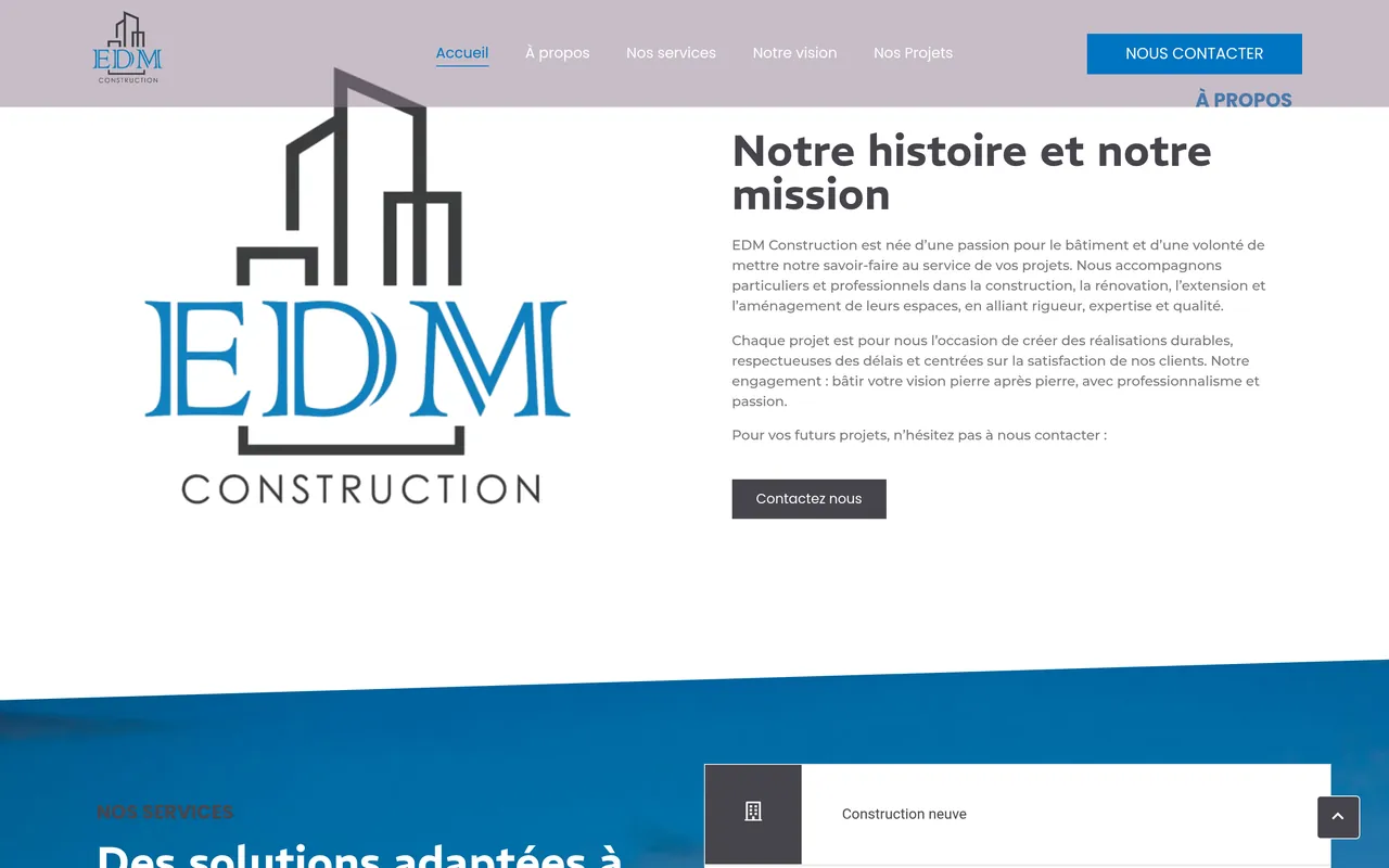 Section « À propos » de l’accueil du site d’EDM Construction, sur ordinateur.