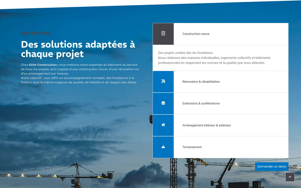 Section « Nos services » de l’accueil du site d’EDM Construction, sur ordinateur.