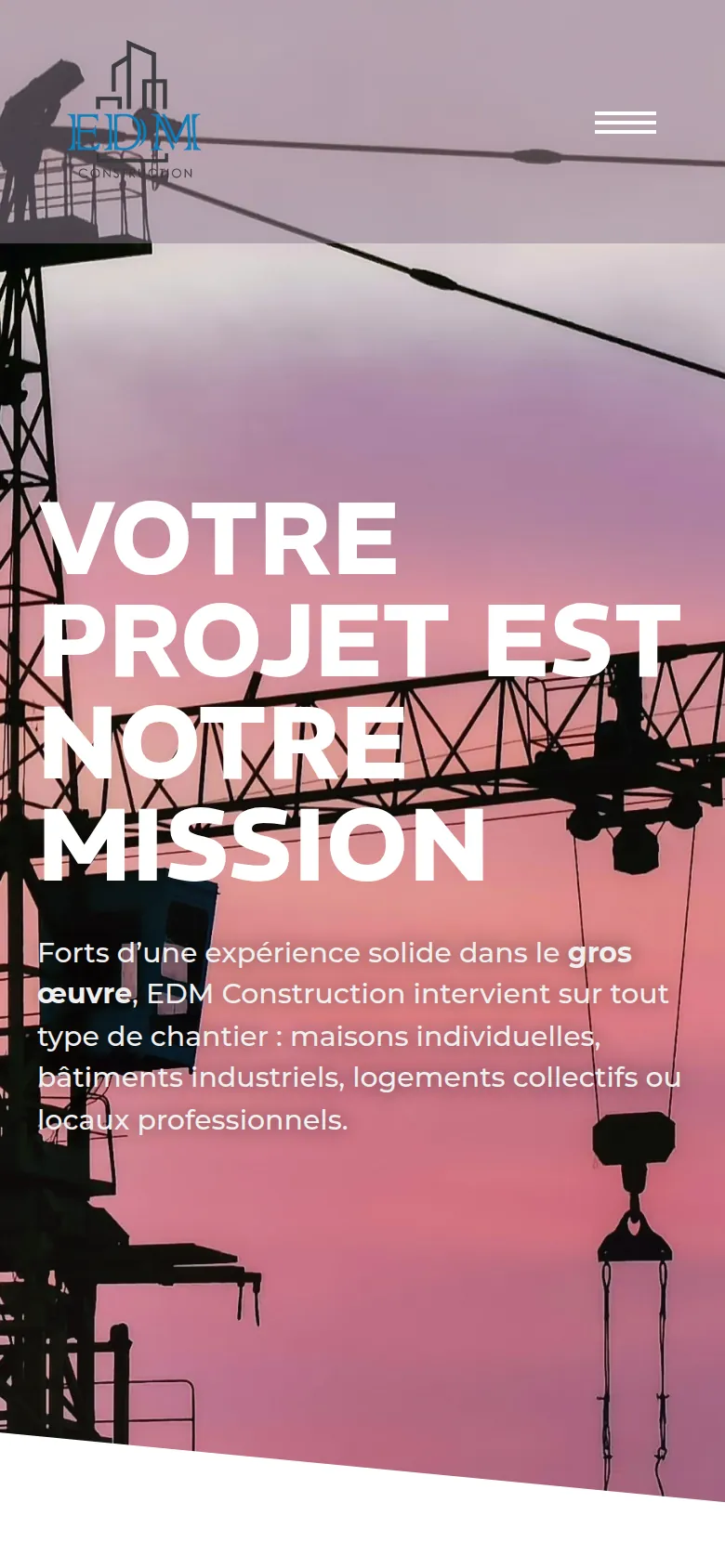 Page d’accueil du site d’EDM Construction, sur téléphone.