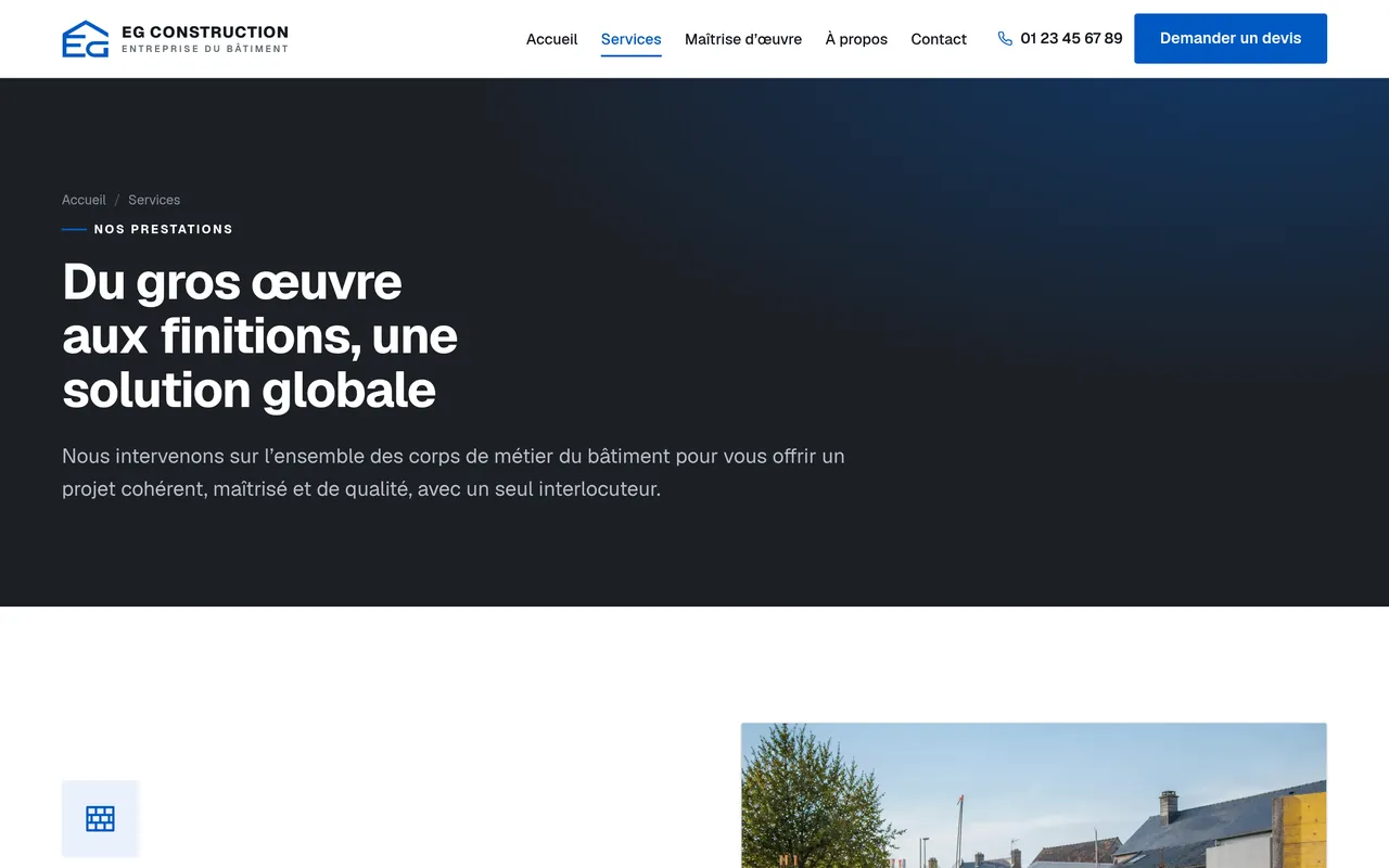 Page « Services » du site d’EG Construction, sur ordinateur.
