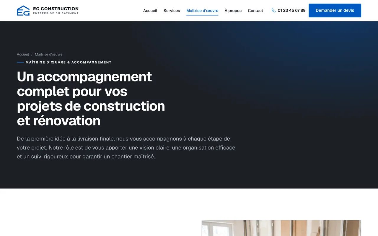 Page « Maîtrise d’œuvre » du site d’EG Construction, sur ordinateur.