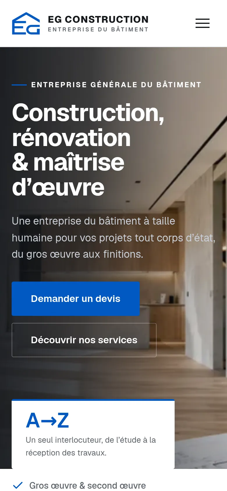 Page d’accueil du site d’EG Construction, sur téléphone.