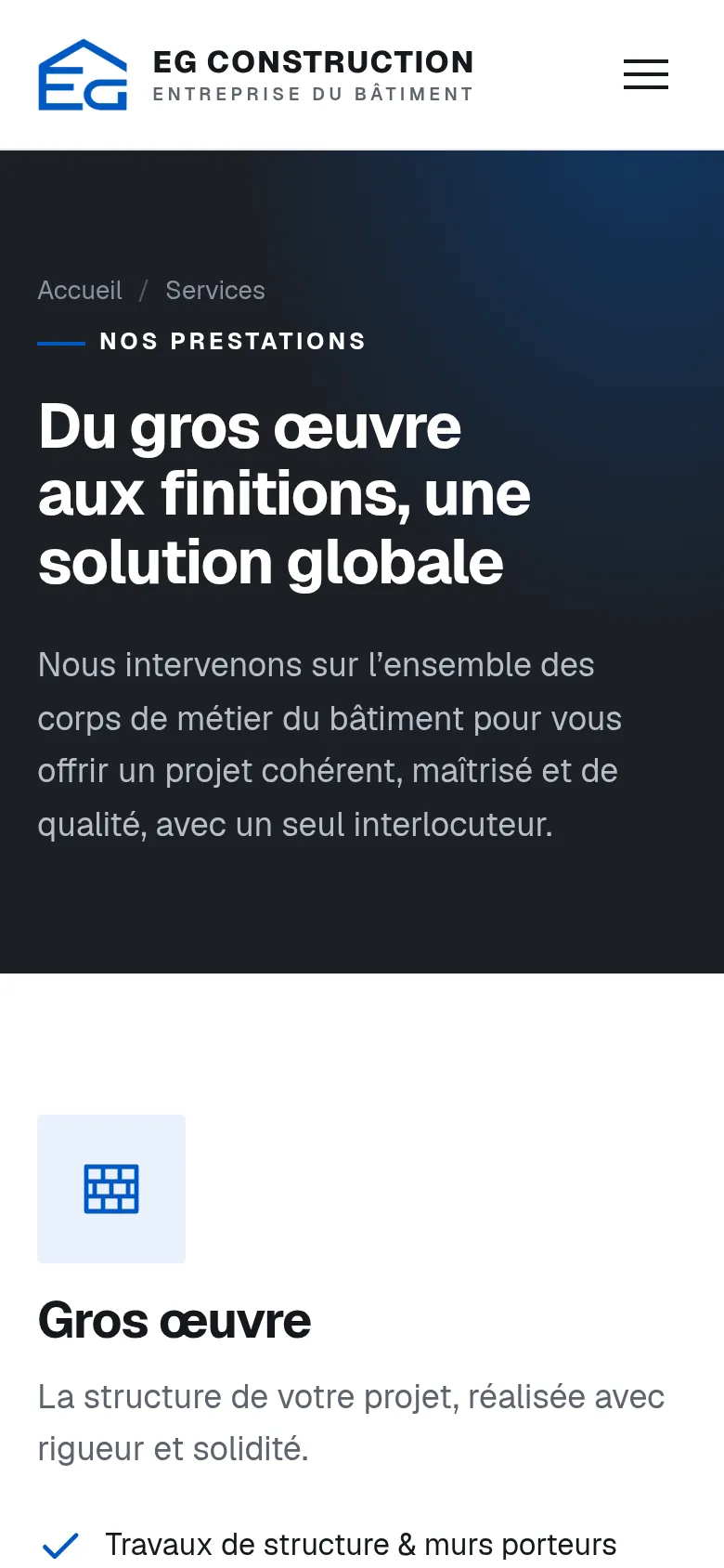 Page « Services » du site d’EG Construction, sur téléphone.