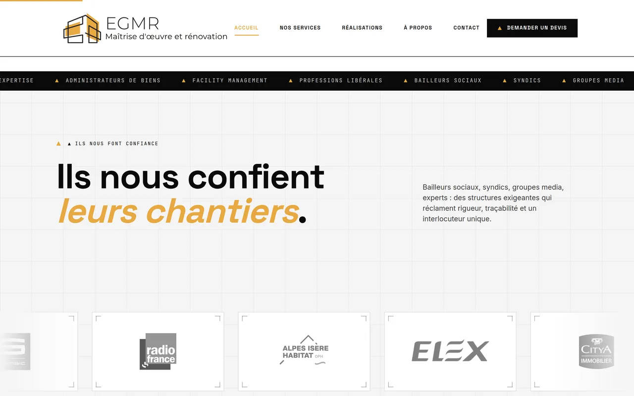 Page « Ils nous confient leurs chantiers » du site d’EGMR, sur ordinateur.