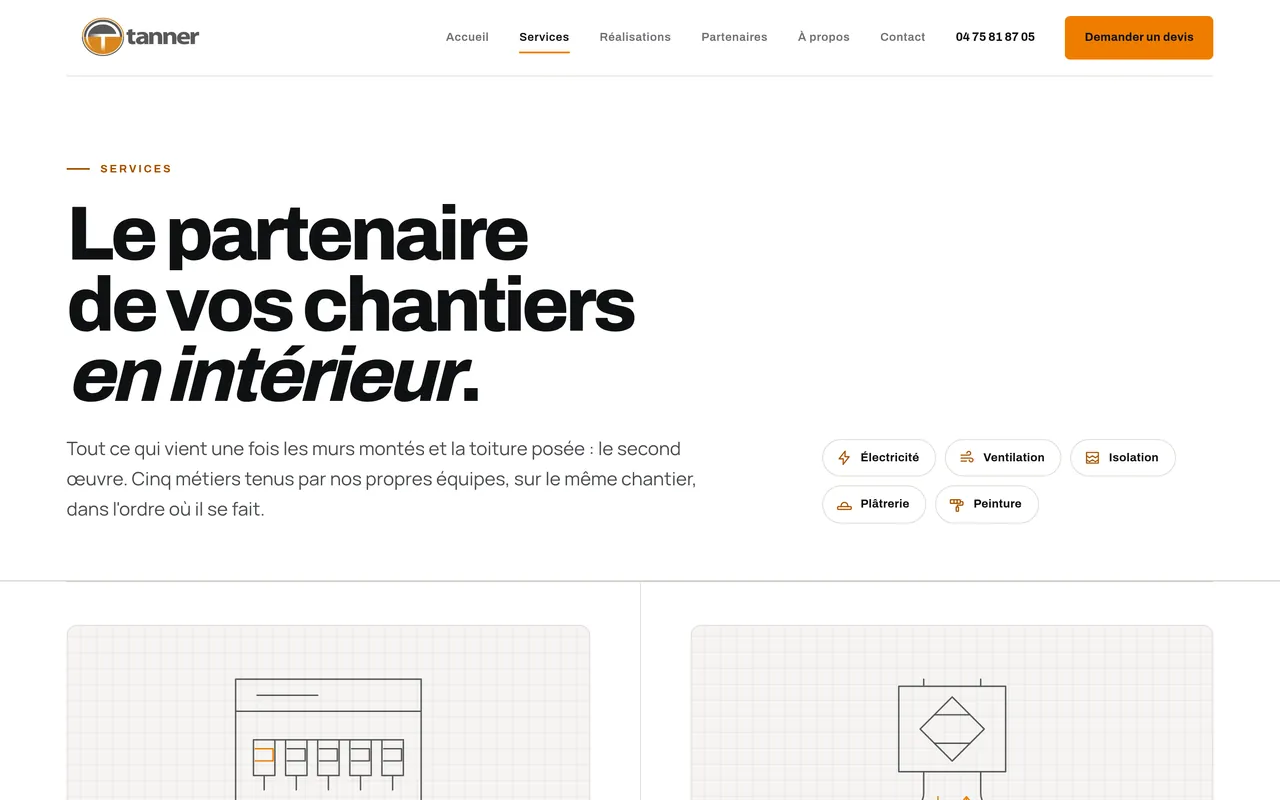 Page « Services » du site d’Entreprise Tanner, sur ordinateur.