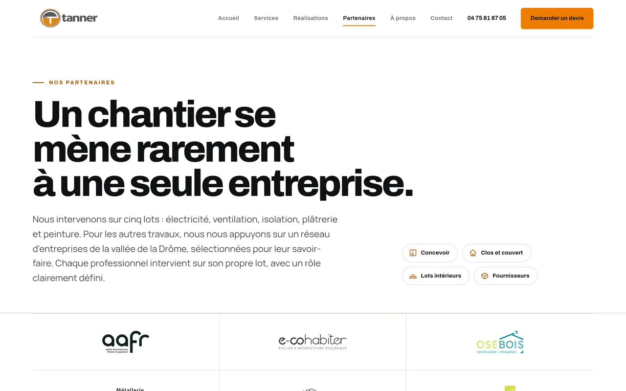 Page « Partenaires » du site d’Entreprise Tanner, sur ordinateur.