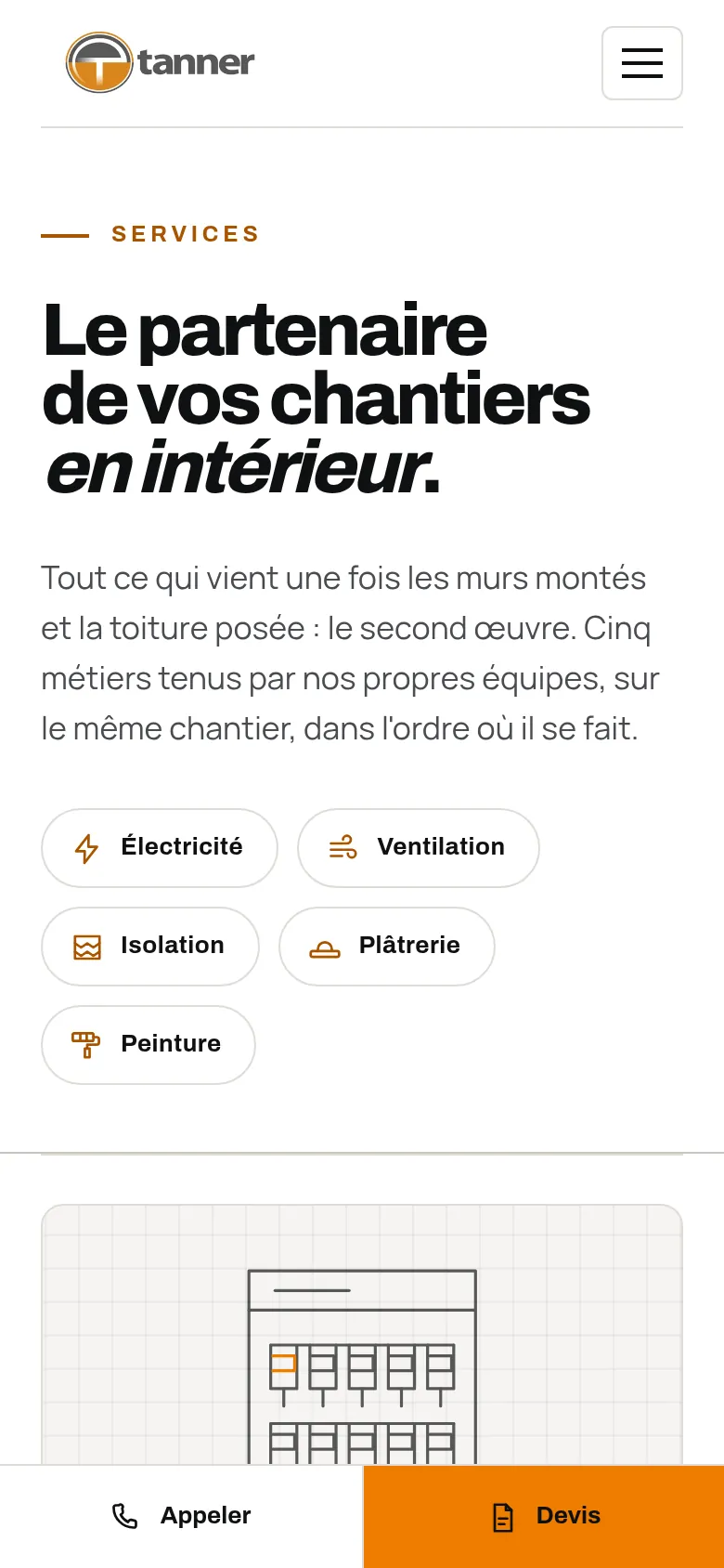 Page « Services » du site d’Entreprise Tanner, sur téléphone.