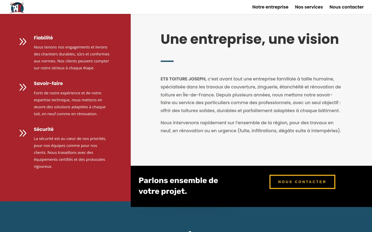 Section « Notre entreprise » de l’accueil du site d’ETS Toiture Joseph, sur ordinateur.