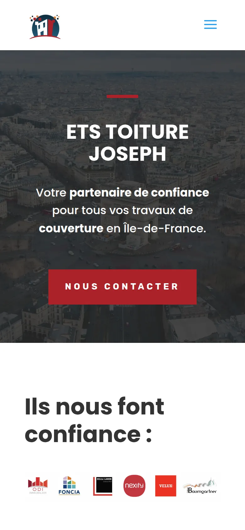 Page d’accueil du site d’ETS Toiture Joseph, sur téléphone.