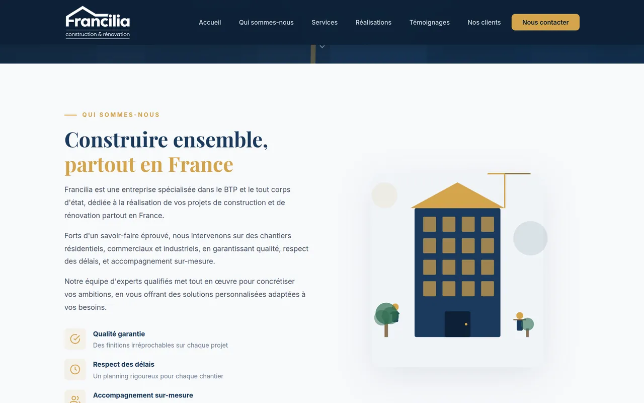 Section « Qui sommes-nous » de l’accueil du site de Francilia, sur ordinateur.