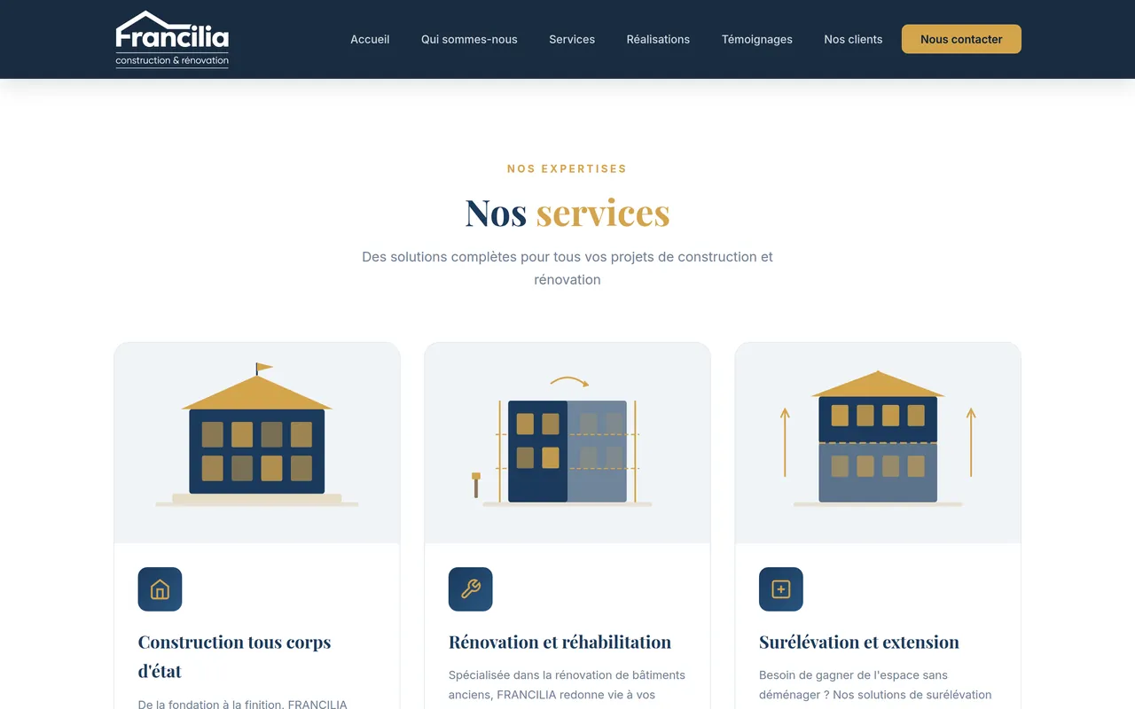 Section « Services » de l’accueil du site de Francilia, sur ordinateur.
