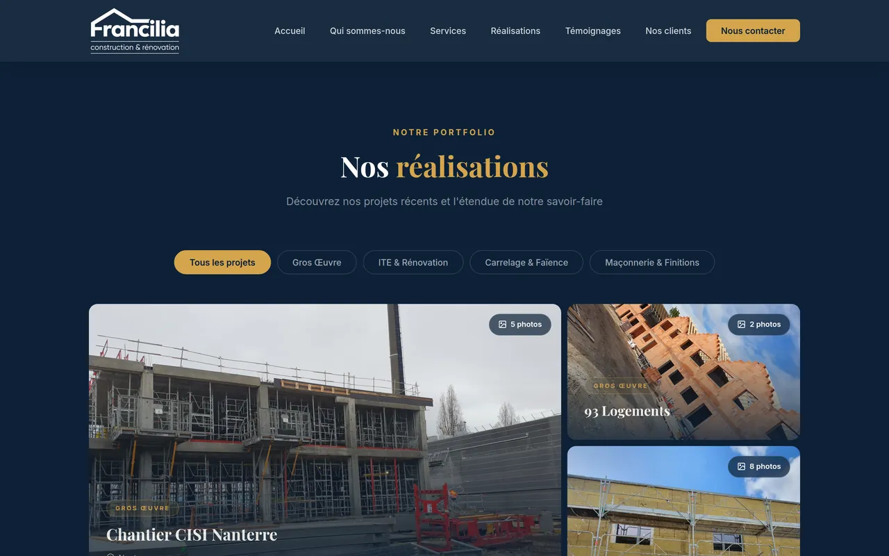 Section « Réalisations » de l’accueil du site de Francilia, sur ordinateur.