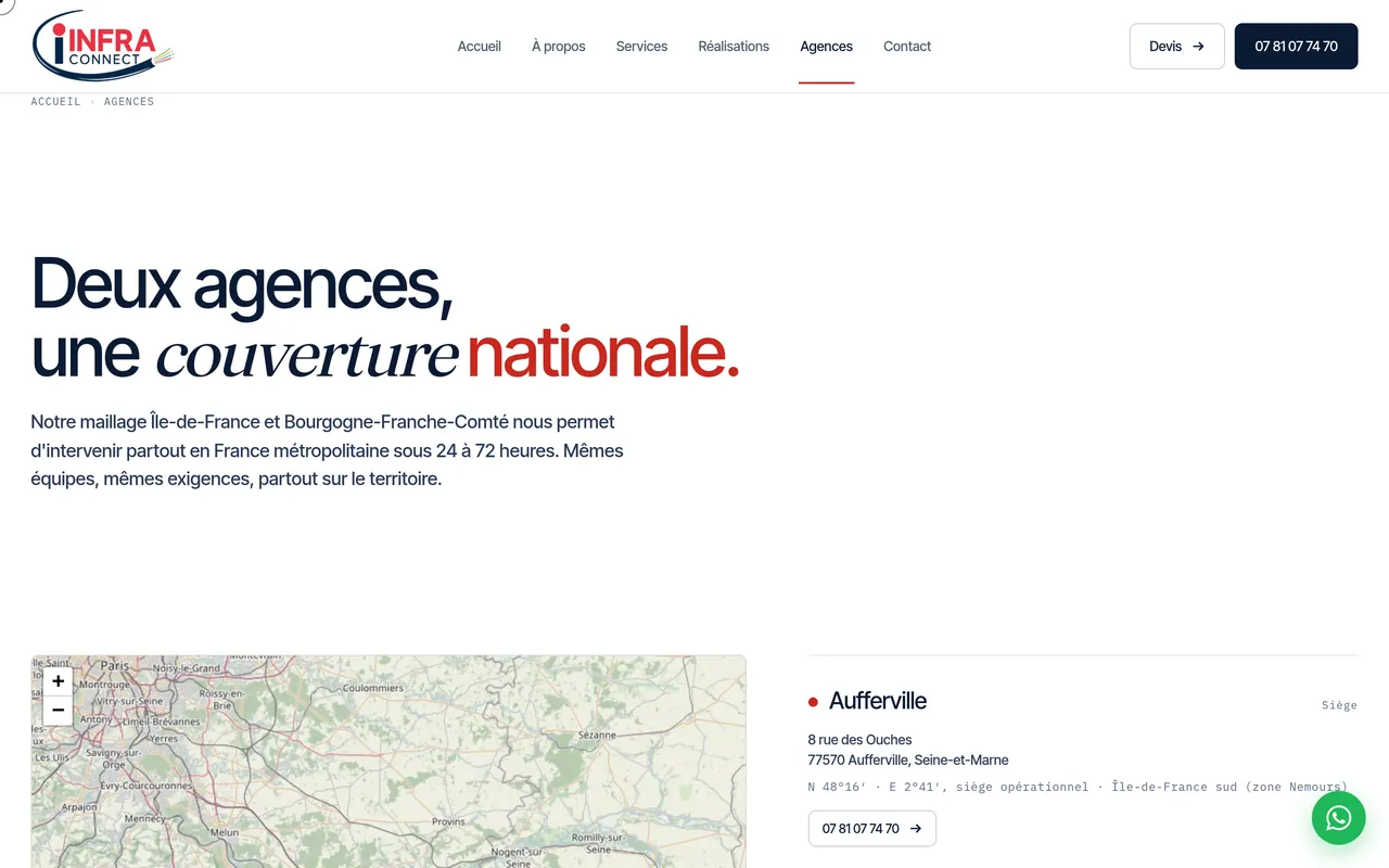 Page « Agences » du site d’Infra Connect, sur ordinateur.
