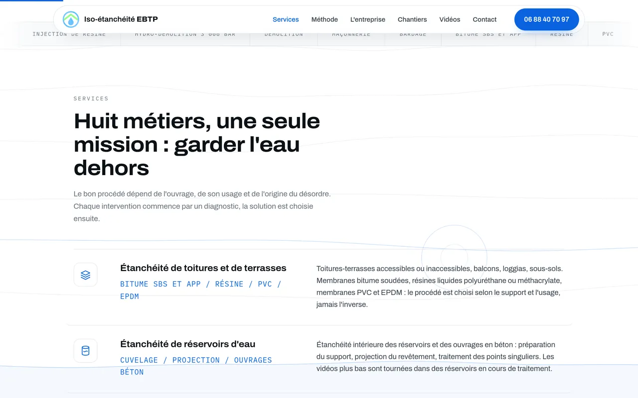 Section « Services » de l’accueil du site d’Iso-étanchéité EBTP, sur ordinateur.