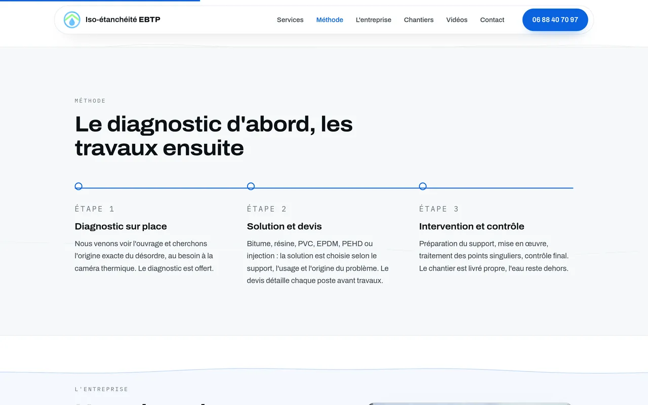 Section « Méthode » de l’accueil du site d’Iso-étanchéité EBTP, sur ordinateur.