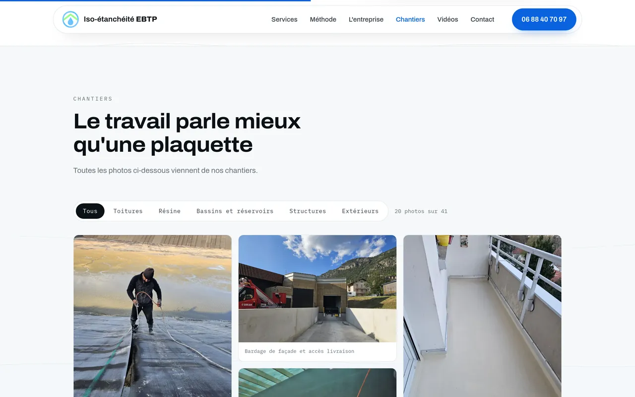 Section « Chantiers » de l’accueil du site d’Iso-étanchéité EBTP, sur ordinateur.