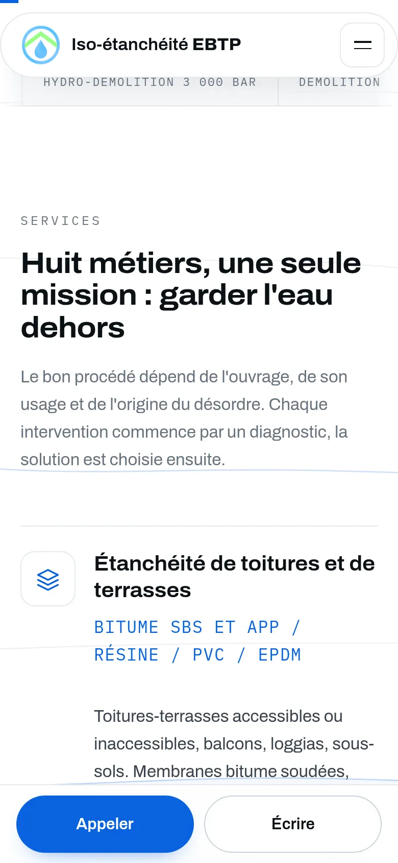 Section « Services » de l’accueil du site d’Iso-étanchéité EBTP, sur téléphone.