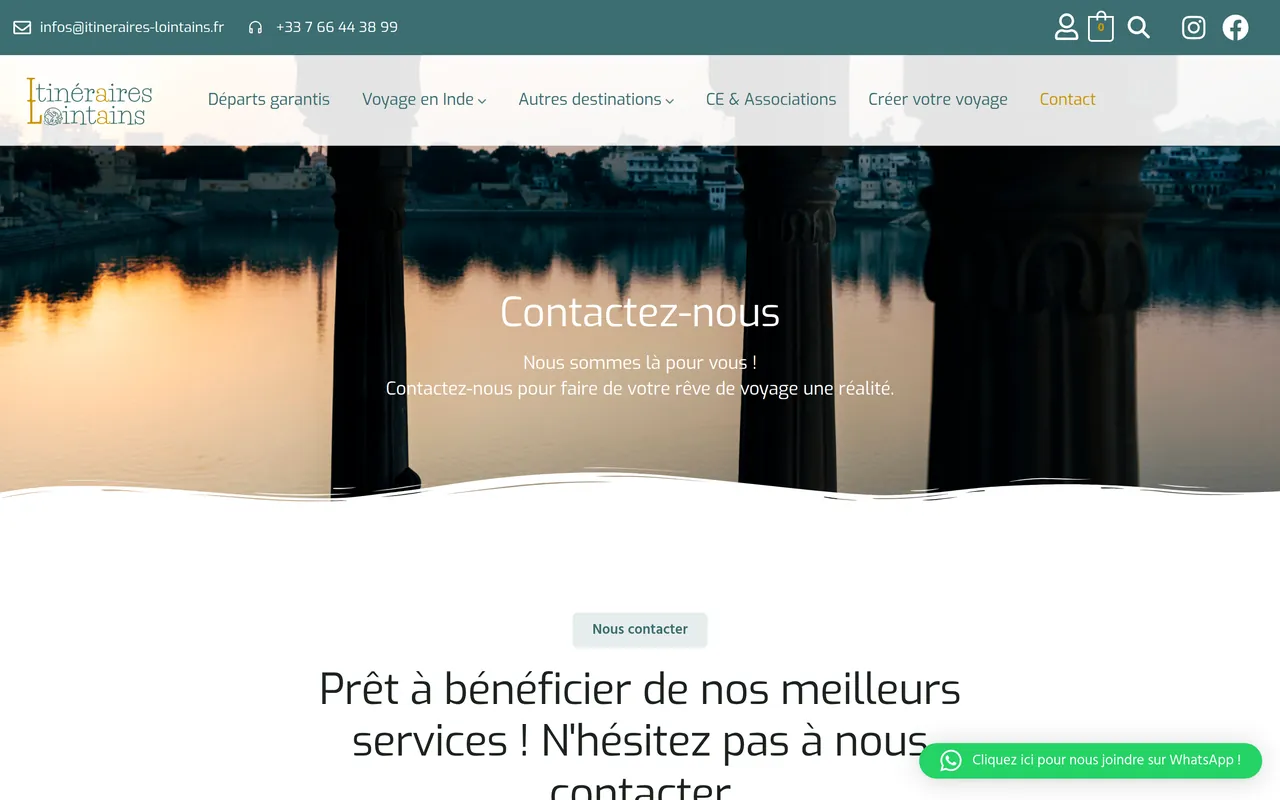 Page « Contact » du site d’Itinéraires Lointains, sur ordinateur.