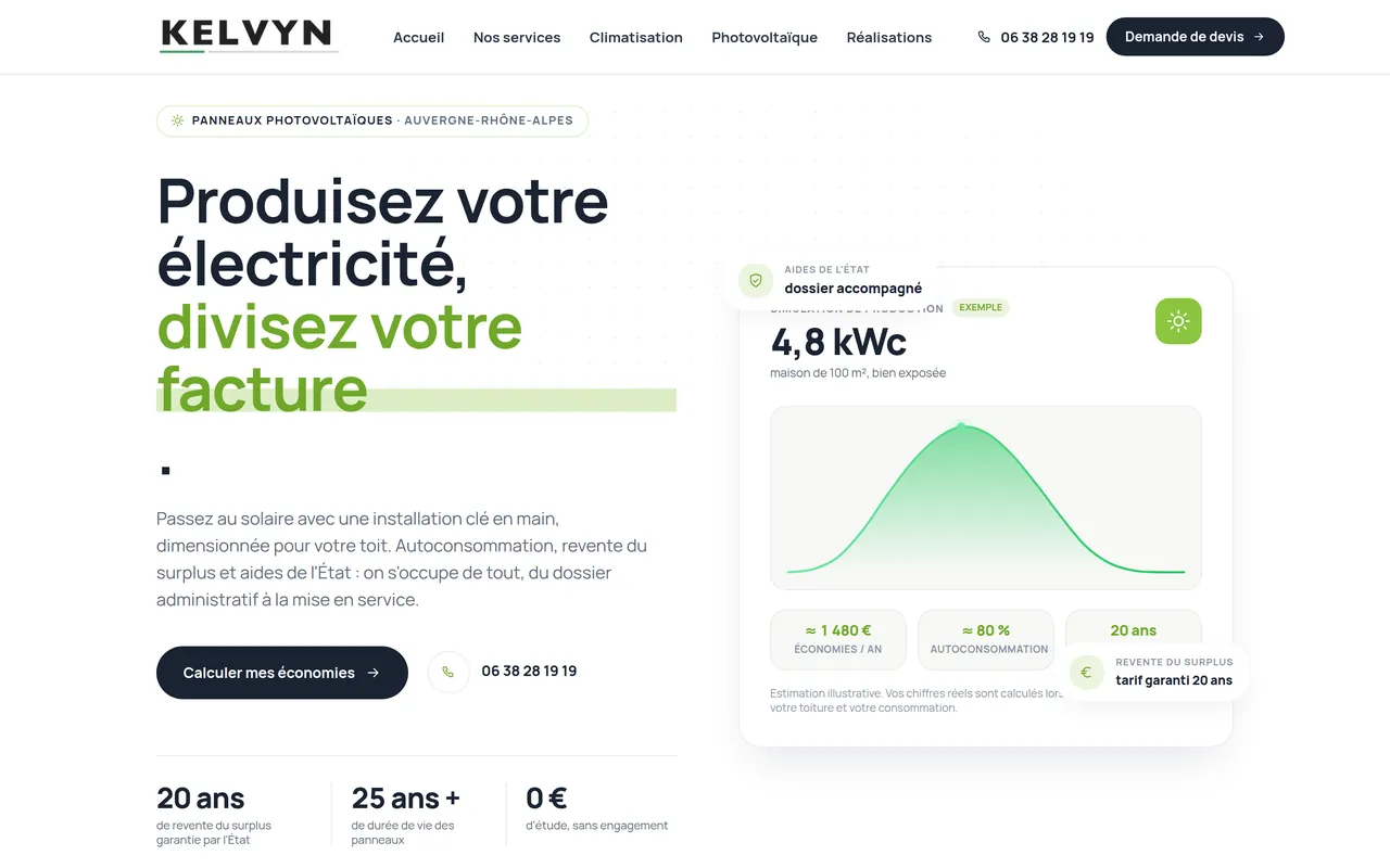 Page « Photovoltaïque » du site de Kelvyn Habitat, sur ordinateur.