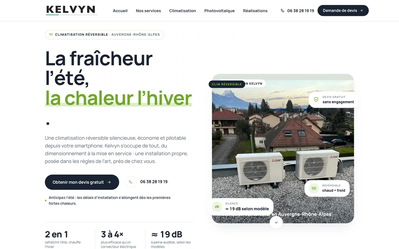 Page « Climatisation » du site de Kelvyn Habitat, sur ordinateur.