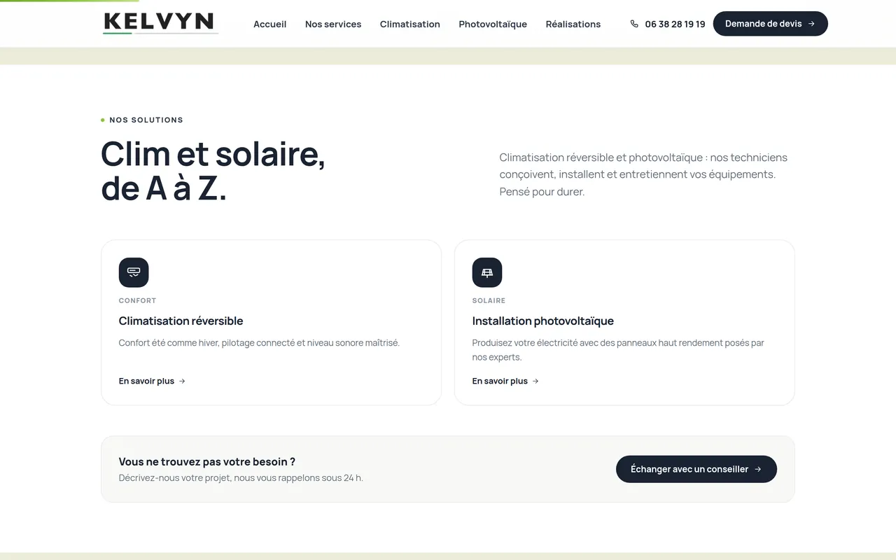 Section « Nos services » de l’accueil du site de Kelvyn Habitat, sur ordinateur.