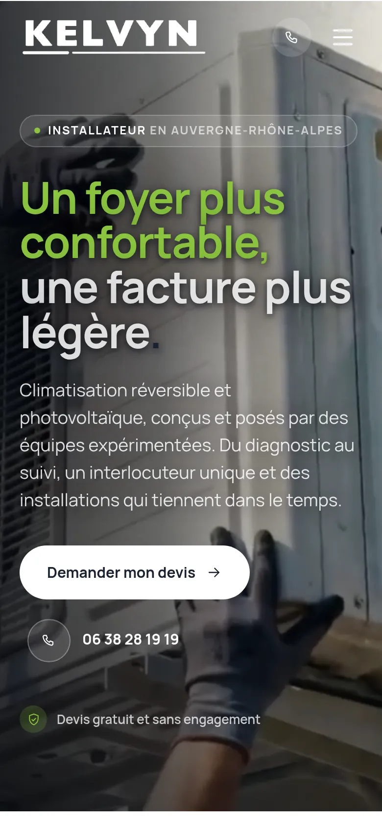 Page d’accueil du site de Kelvyn Habitat, sur téléphone.
