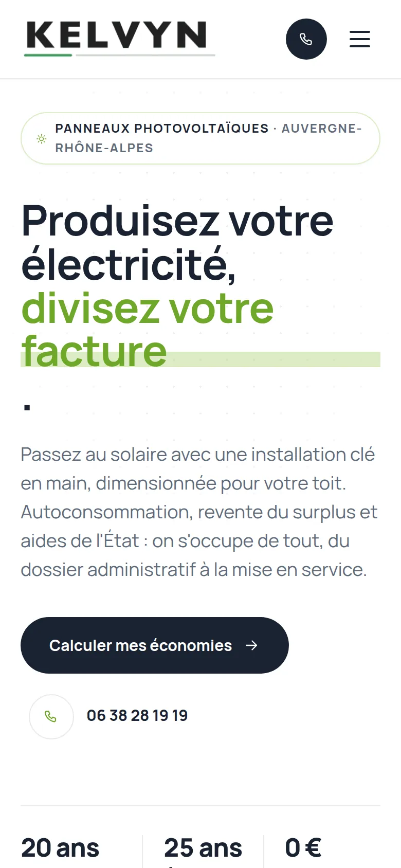 Page « Photovoltaïque » du site de Kelvyn Habitat, sur téléphone.