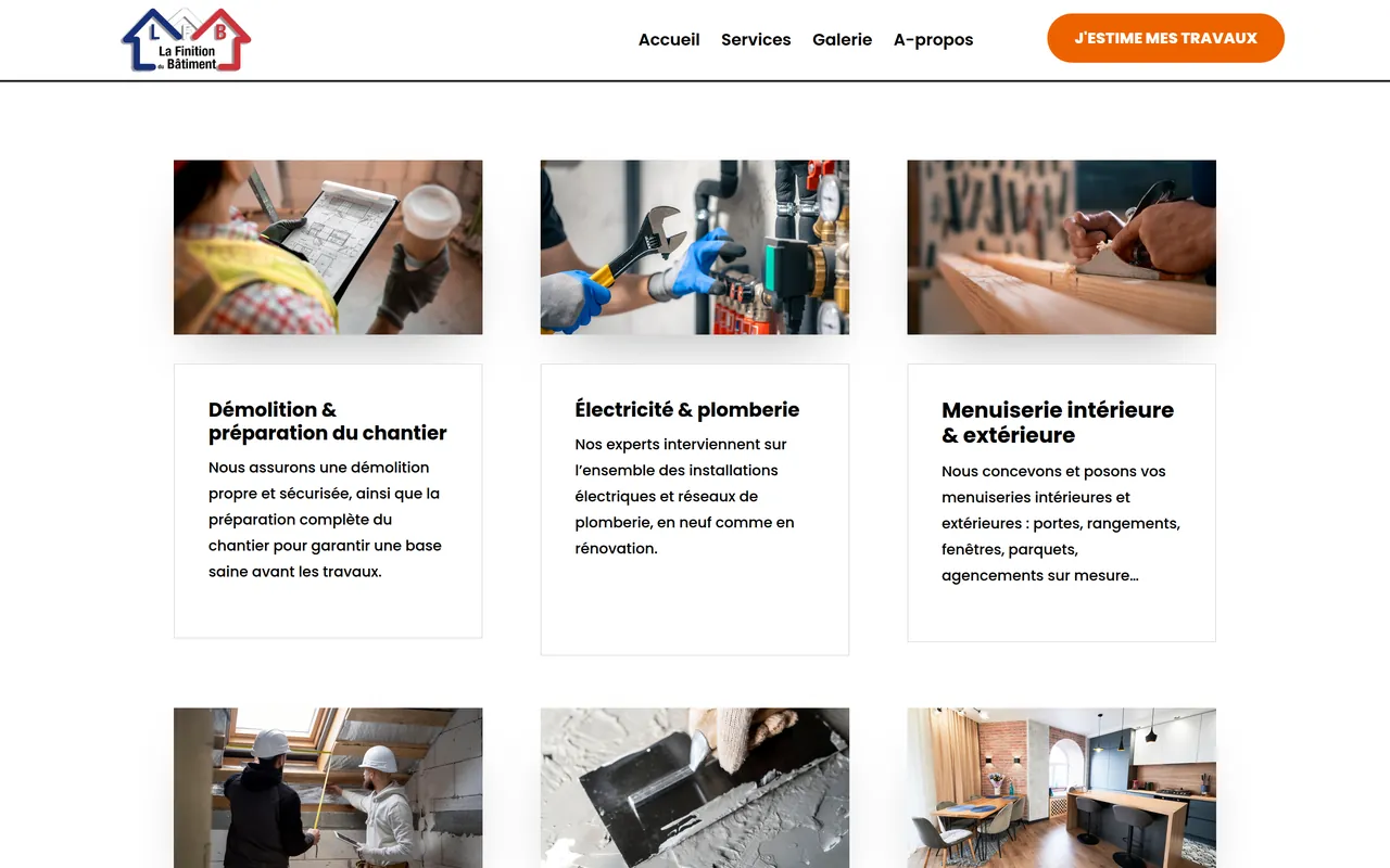 Page « Services » du site de La Finition du Bâtiment, sur ordinateur.