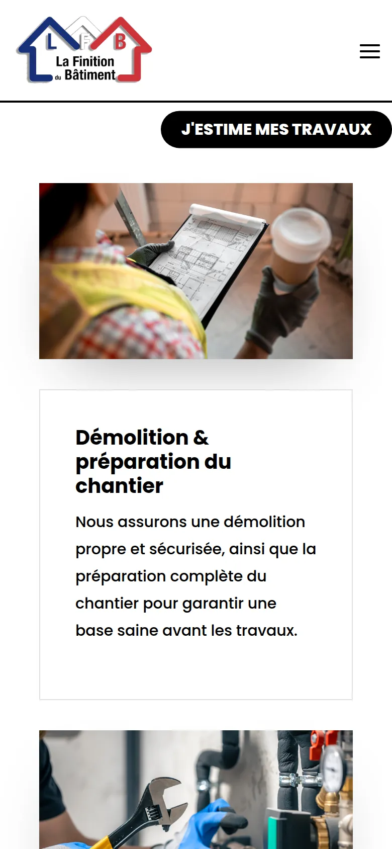 Page « Services » du site de La Finition du Bâtiment, sur téléphone.