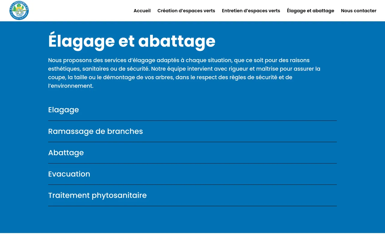 Section « Élagage et abattage » de l’accueil du site de Lexa, sur ordinateur.