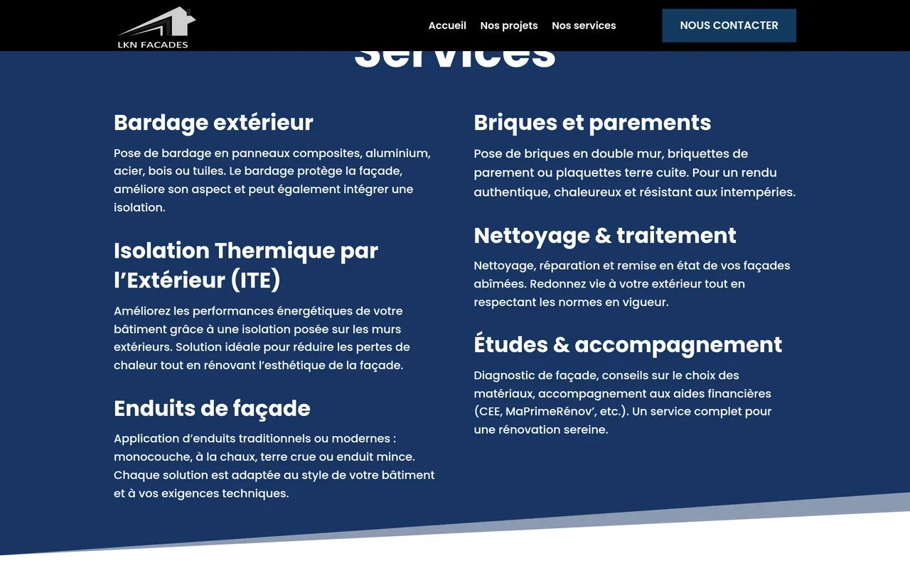 Section « Nos services » de l’accueil du site de LKN Façades, sur ordinateur.