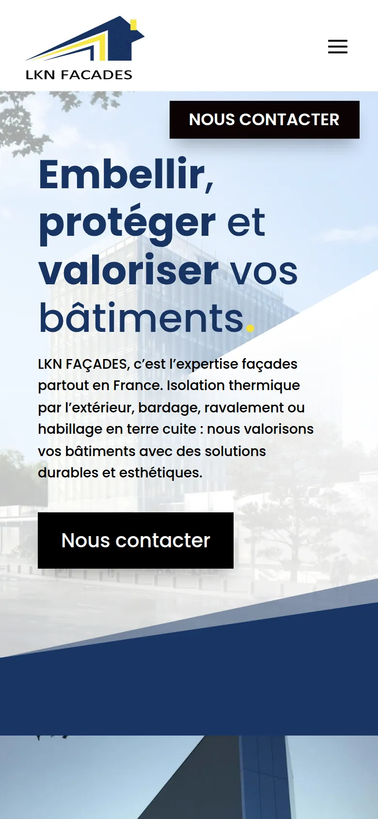Page d’accueil du site de LKN Façades, sur téléphone.