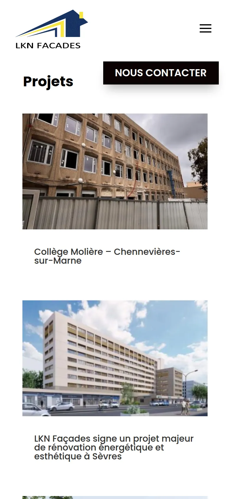 Page « Nos projets » du site de LKN Façades, sur téléphone.
