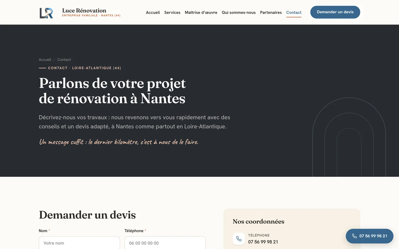 Page « Contact » du site de Luce Rénovation, sur ordinateur.