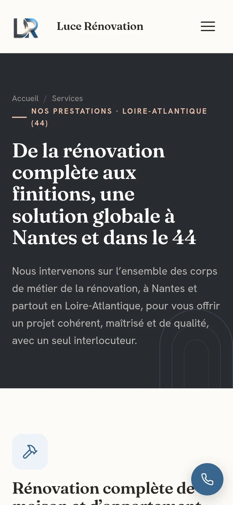 Page « Services » du site de Luce Rénovation, sur téléphone.