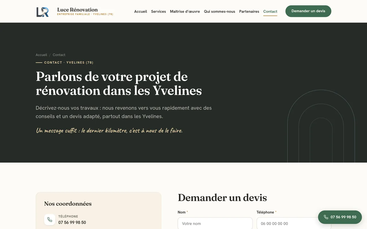 Page « Contact » du site de Luce Rénovation, sur ordinateur.