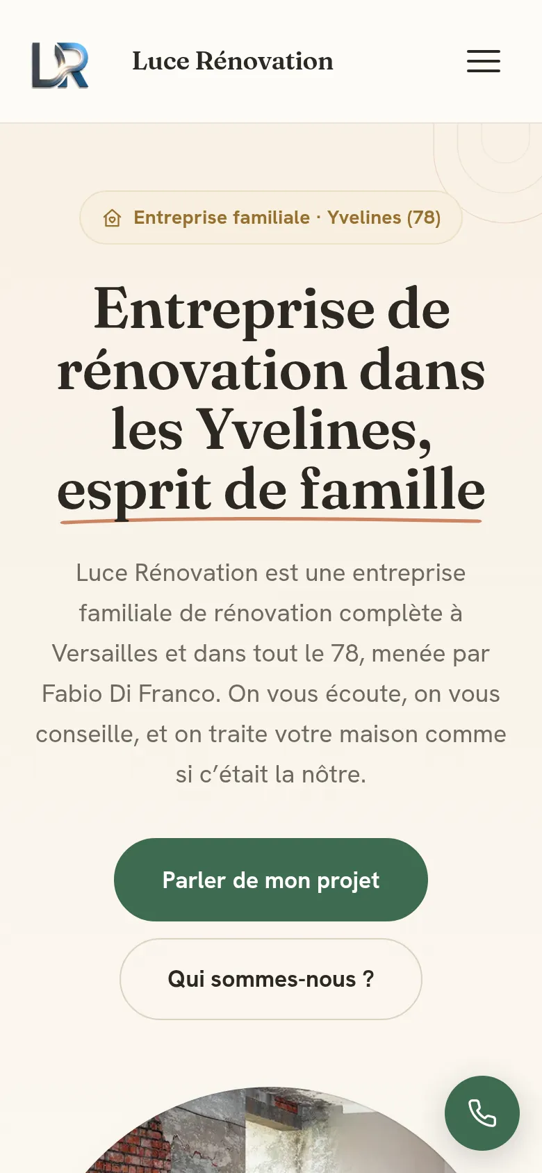 Page d’accueil du site de Luce Rénovation, sur téléphone.