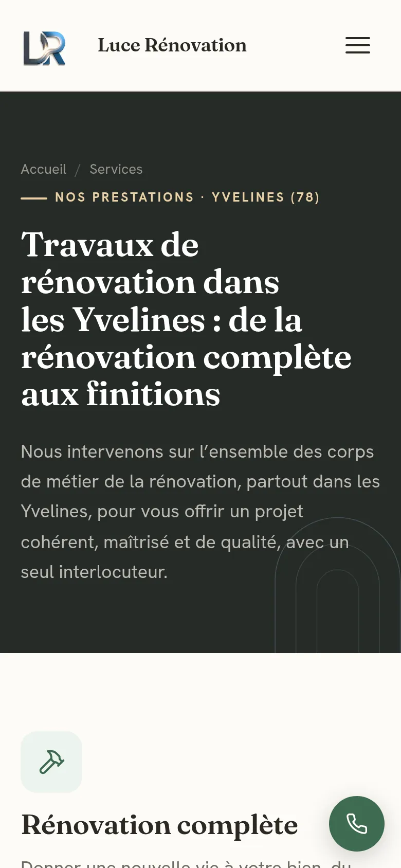 Page « Services » du site de Luce Rénovation, sur téléphone.
