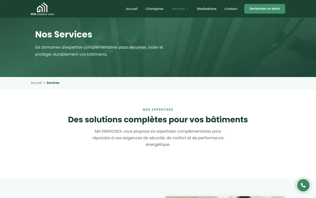 Page « Services » du site de MH ENERG’ISOL, sur ordinateur.